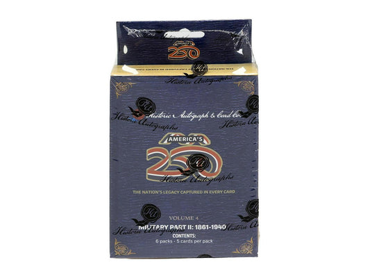 2026 Historic Autographs America's 250th Anniversary Part 2 Military Hobby Box featuring relics, cut signatures, and historical inserts.
Back of the 2026 Historic Autographs America's 250th Anniversary Part 2 Military Hobby Box showing product details and box configuration.
2026 Historic Autographs America's 250th Anniversary trading card pack featuring American history collectibles.
2026 Historic Autographs America's 250th Anniversary promotional sell sheet highlighting military relics, Freedom Fighters in