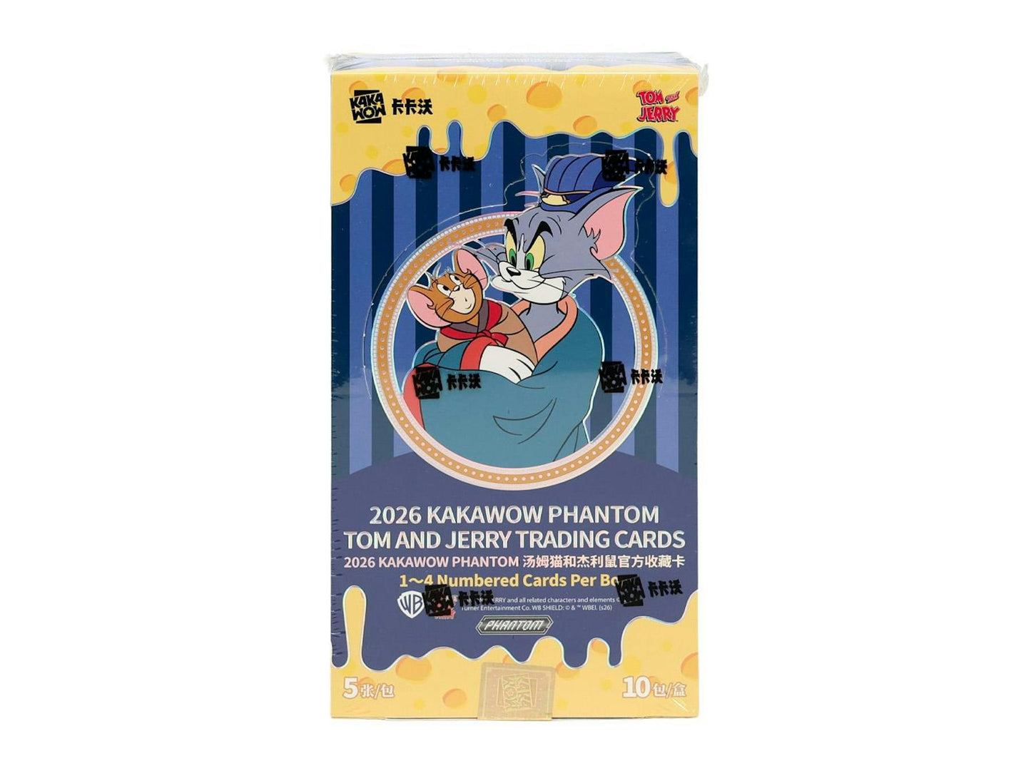 2026 Kakawow Phantom Tom & Jerry Hobby Box sealed entertainment trading card box featuring limited numbered cards.
Back of the 2026 Kakawow Phantom Tom & Jerry Hobby Box showing product details and box configuration.
2026 Kakawow Phantom Tom & Jerry trading card pack artwork.
2026 Kakawow Phantom Tom & Jerry promotional sell sheet highlighting numbered artwork cards, Ultimashining 1-of-1 cards, and Black 1-of-1 parallels.