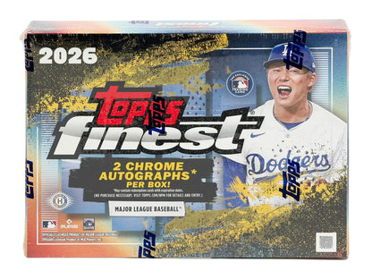 2026 Topps Finest Baseball Delight Box featuring two autographs and exclusive Geometric parallels.
Back of the 2026 Topps Finest Baseball Delight Box showing product details and exclusive Delight content.
2026 Topps Finest Baseball Delight pack featuring premium chromium cards, rookie autographs, and exclusive inserts.
2026 Topps Finest Baseball promotional sell sheet highlighting Finest Rookie Patch Autographs, Headliners, Nightmare Fuel, Aura, and Geometric parallels.