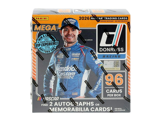 2026 Panini Donruss Racing Mega Box featuring NASCAR stars, Connor Zilisch rookie cards, and exclusive Blue Velocity parallels.
Back of the 2026 Panini Donruss Racing Mega Box showing product details and pack configuration.
2026 Panini Donruss Racing Mega Pack featuring NASCAR drivers and retail-exclusive chase cards.
2026 Panini Donruss Racing Blue Velocity autograph parallels, Carolina Blue parallels, Blue Laser parallels, and Slingshot inserts.