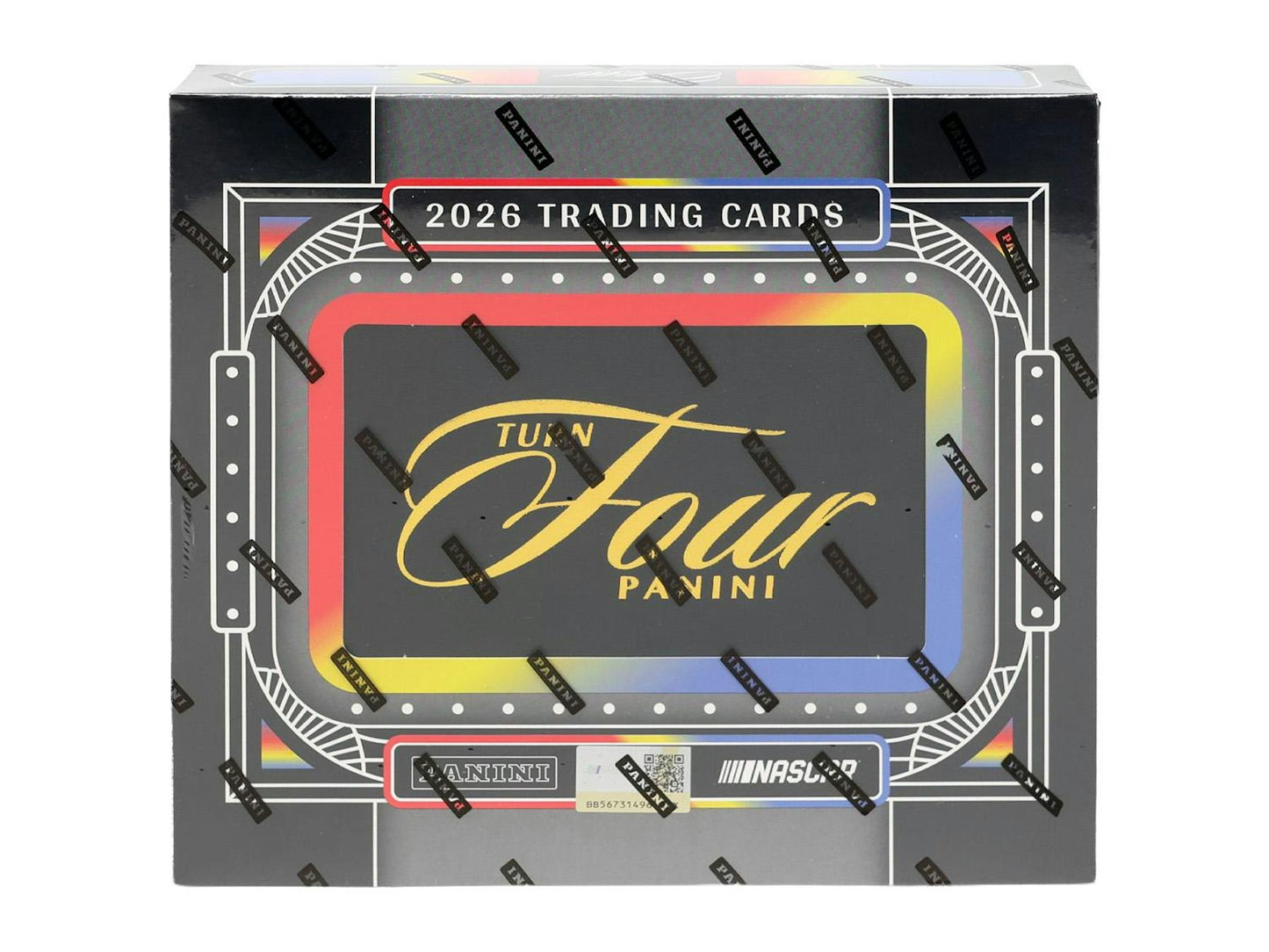 2026 Panini Turn Four Racing Hobby Box sealed trading cards.
Back of the 2026 Panini Turn Four Racing Hobby Box featuring product details.
2026 Panini Turn Four Racing trading card pack.
2026 Panini Turn Four Racing cards featuring autographs and race-used memorabilia.