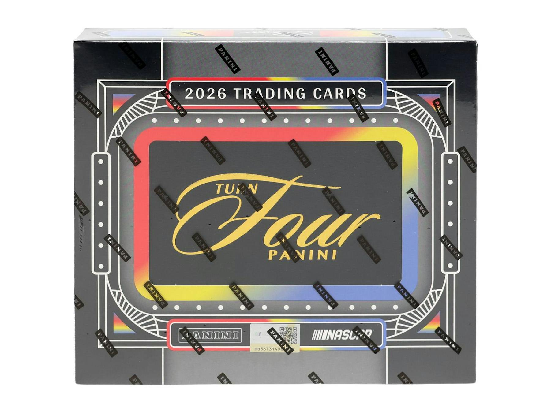 2026 Panini Turn Four Racing Hobby Box sealed trading cards.
Back of the 2026 Panini Turn Four Racing Hobby Box featuring product details.
2026 Panini Turn Four Racing trading card pack.
2026 Panini Turn Four Racing cards featuring autographs and race-used memorabilia.
