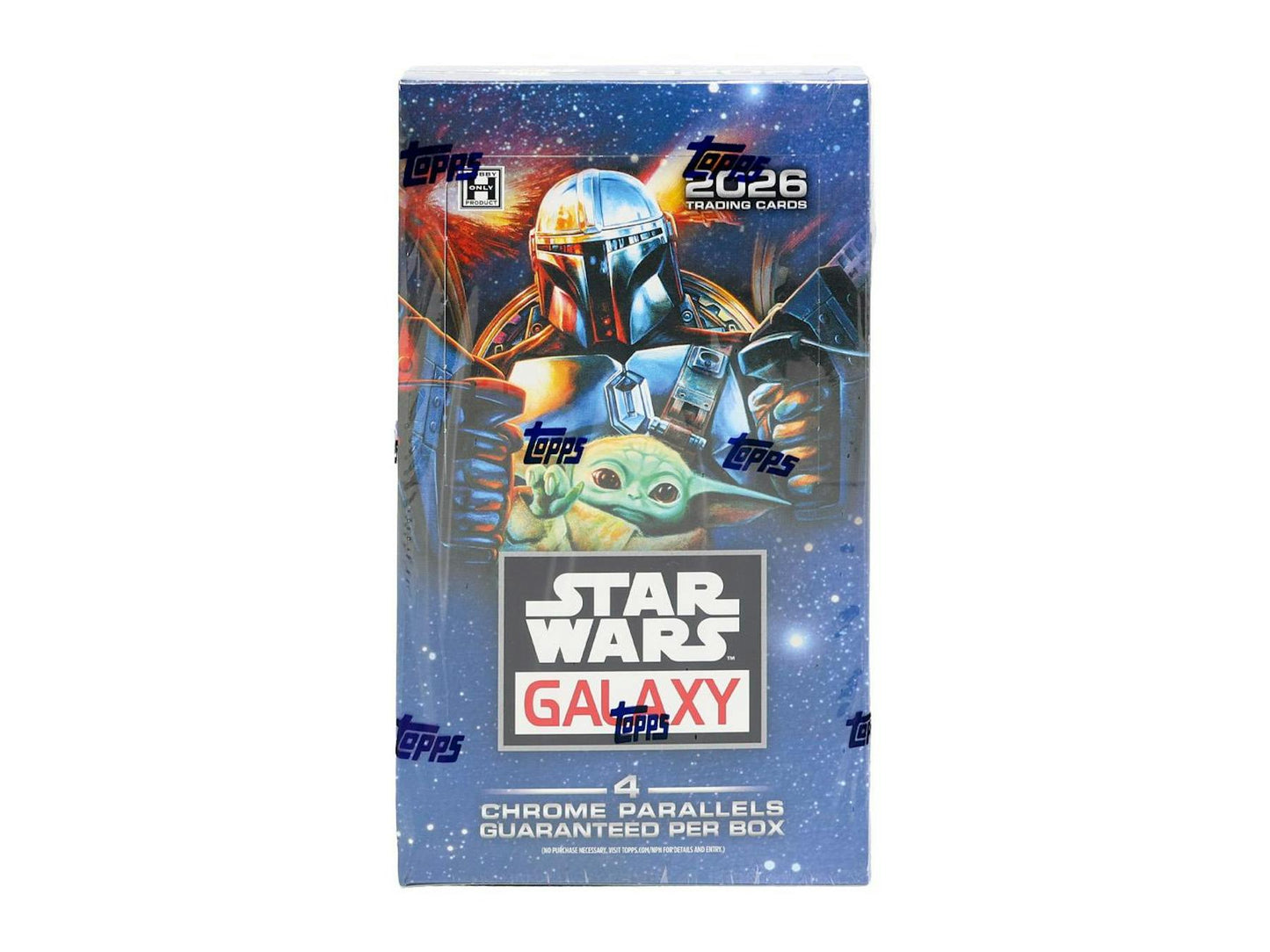 2026 Topps Star Wars Chrome Galaxy Hobby Box sealed trading cards.
Back of the 2026 Topps Star Wars Chrome Galaxy Hobby Box with product information.
2026 Topps Star Wars Chrome Galaxy trading card pack.
2026 Topps Star Wars Chrome Galaxy cards featuring premium artwork, Chrome parallels, and sketch cards.