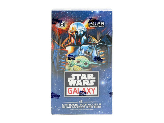 2026 Topps Star Wars Chrome Galaxy Hobby Box sealed trading cards.
Back of the 2026 Topps Star Wars Chrome Galaxy Hobby Box with product information.
2026 Topps Star Wars Chrome Galaxy trading card pack.
2026 Topps Star Wars Chrome Galaxy cards featuring premium artwork, Chrome parallels, and sketch cards.