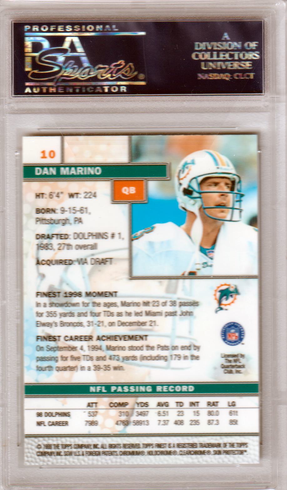 DAN MARINO 1999 Topps Finest #10 PSA 10 GEM MINT - DOLPHINS