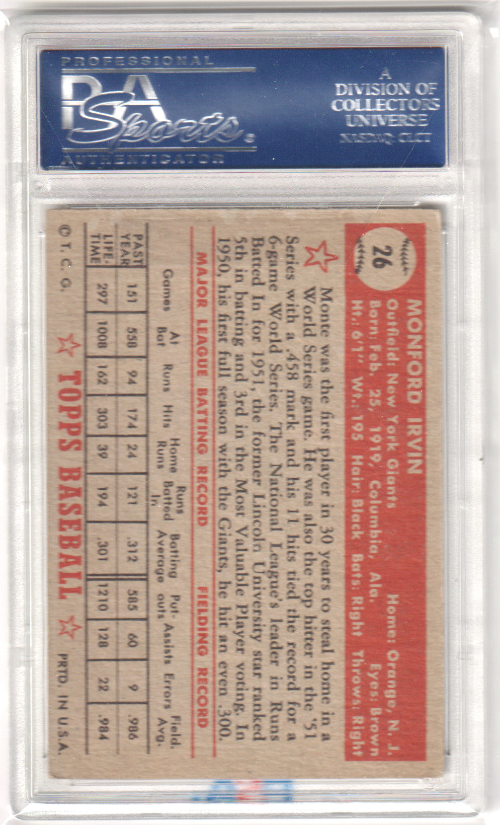 MONTY IRVIN 1952 Topps #26 PSA 4 - VG-EX - GIANTS