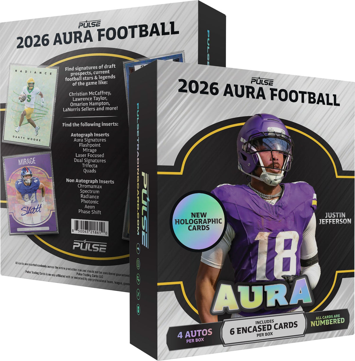 2026 Pulse Aura Football Hobby Box
2026 Pulse Aura Football Pulse Chromium trading cards
2026 Pulse Aura Football autograph cards
Pulse Aura Football Triple and Quad Autograph cards
