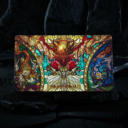 Dragon Shield Dragonfall 2026 Playmat with full stained-glass dragon artwork by Godfrey Escota