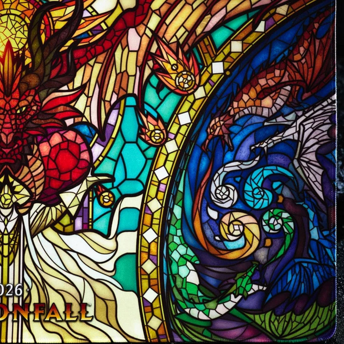 Dragon Shield Dragonfall 2026 Playmat red and blue stained-glass dragons detail