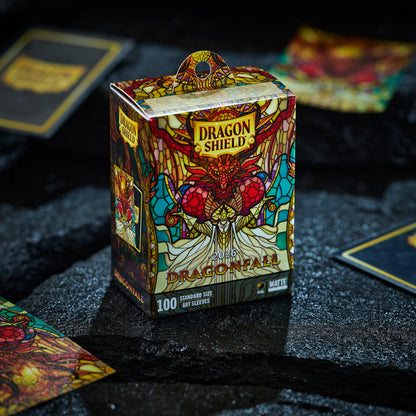 Dragon Shield Dragonfall 2026 Borderless Matte Dual Art Sleeves 100ct box with stained-glass dragon artwork