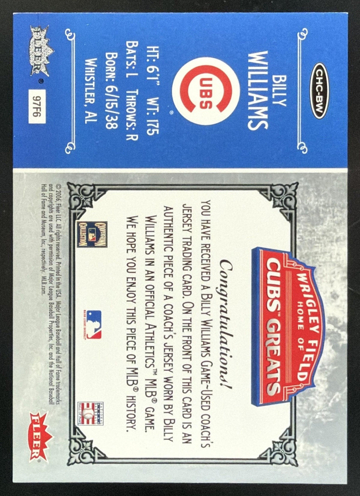2006 Fleer Greats of the Game Cubs Greats Billy Williams Jersey