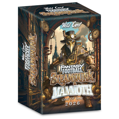 2026 Wild Card Fantasy Football Steampunk Mammoth Edition Hobby Box
Wild Card Steampunk Mammoth one-of-one football cards
2026 Wild Card Fantasy Football Mammoth Dual Autograph cards
Wild Card Steampunk Mammoth PUNK'D True One-of-One football cards