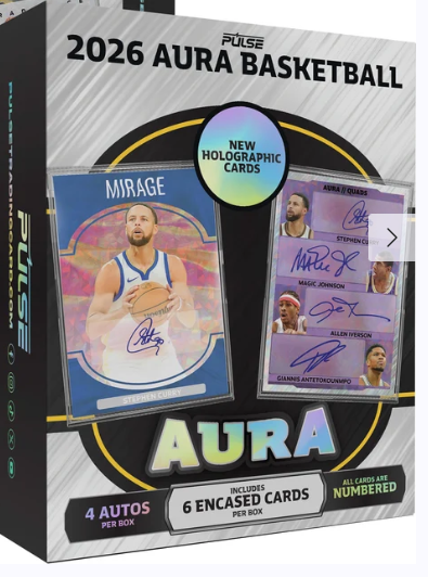 2026 Pulse Aura Basketball Hobby Box containing 6 encased cards and 4 autographs

2026 Pulse Aura Basketball holographic trading card featuring premium artwork

2026 Pulse Aura Basketball serial-numbered autograph trading card

2026 Pulse Aura Basketball Dual Autograph card featuring two player signatures

2026 Pulse Aura Basketball Triple Autograph card featuring three basketball player signatures

2026 Pulse Aura Basketball Quad Autograph card featuring four player signatures