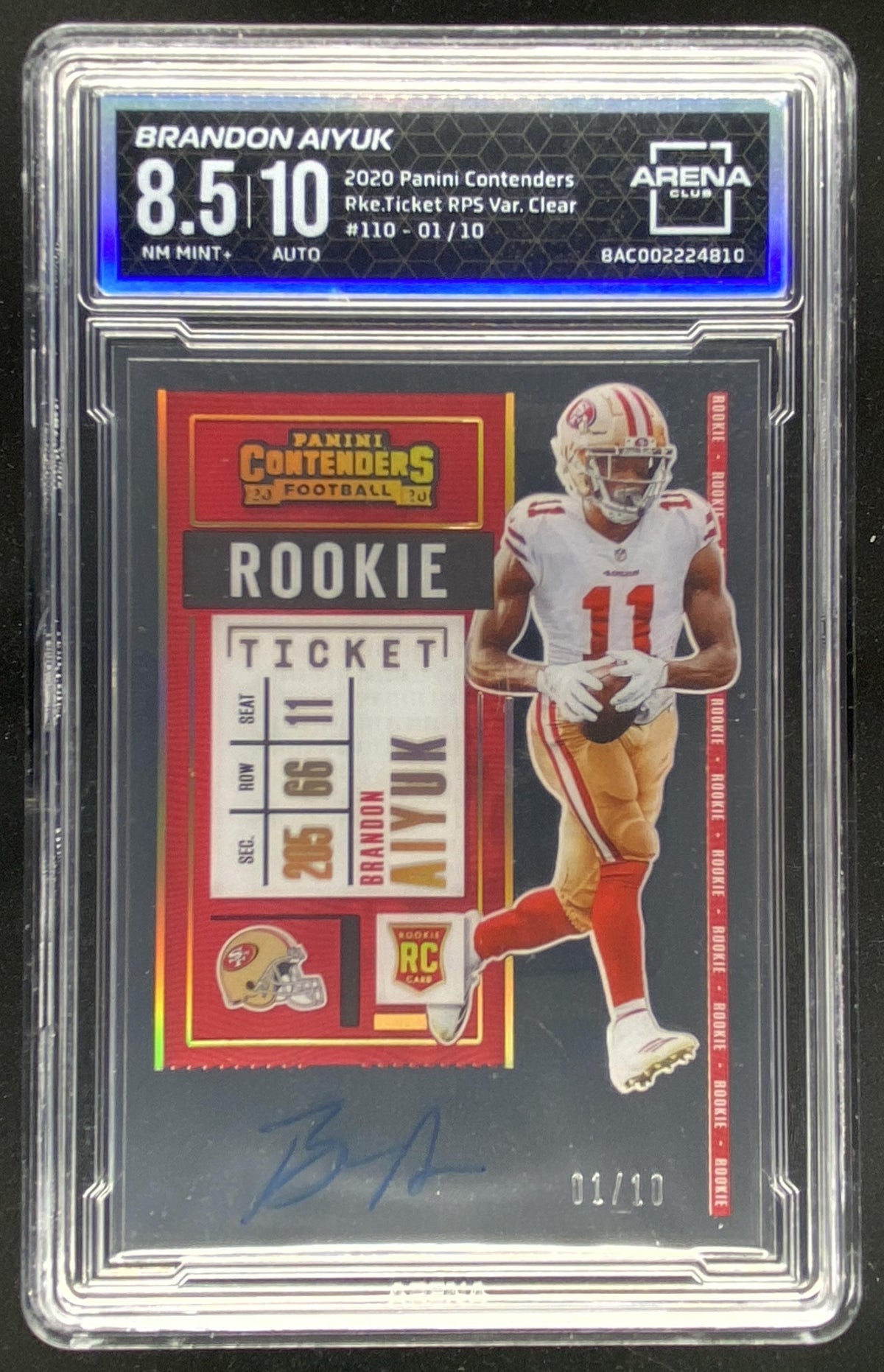 2020 Panini Contenders Brandon Aiyuk #110 graded Arena Club 8.5 Auto 10 trading card