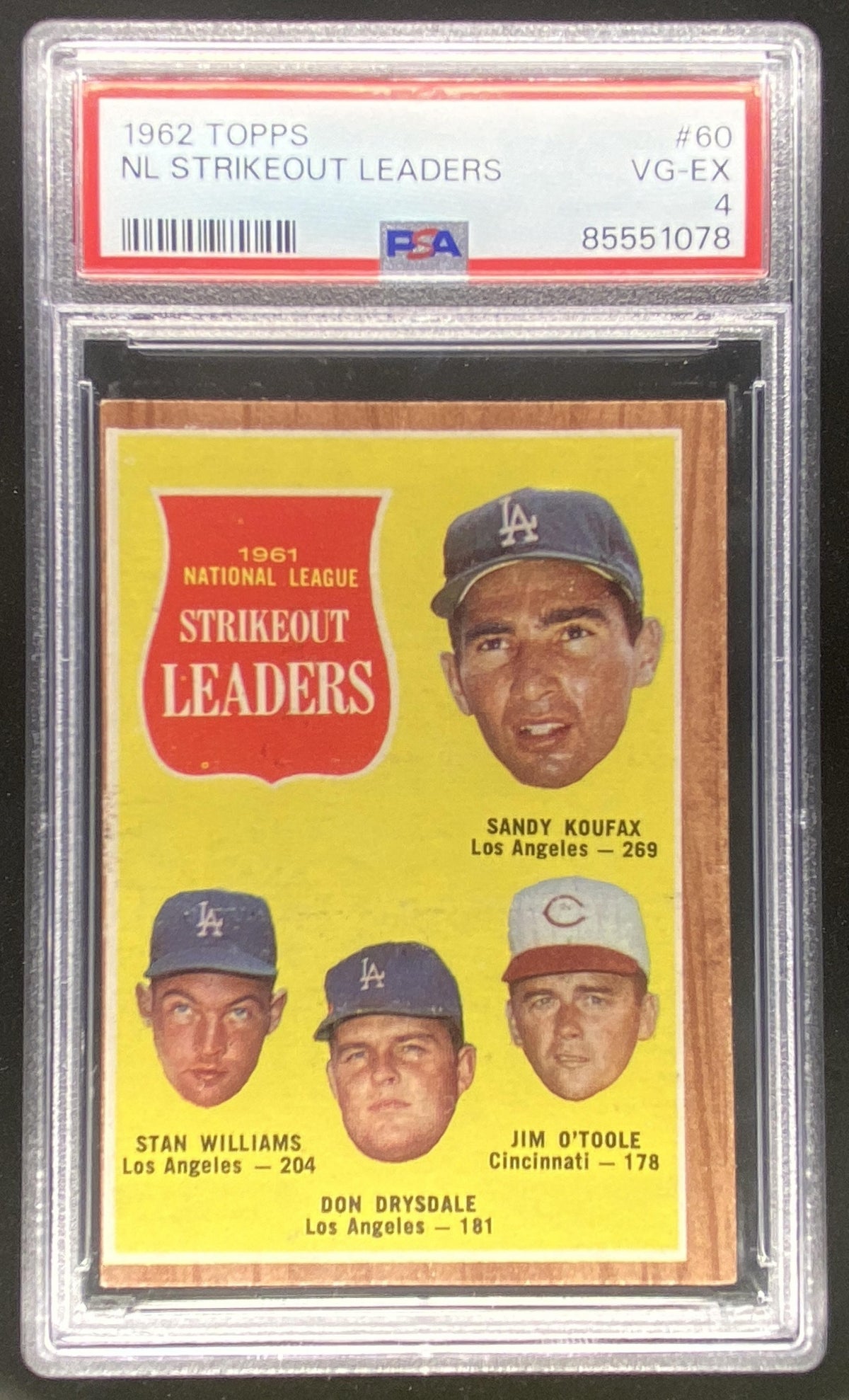 1962 Topps Sandy Koufax / Stan Williams / Don Drysdale / Jim O'Toole #60 graded PSA 4 trading card