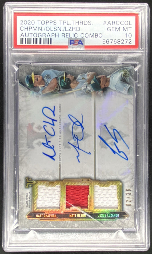 2020 Topps Triple Threads Matt Chapman / Matt Olson / Jesús Luzardo #ARC-COL graded PSA 10 trading card