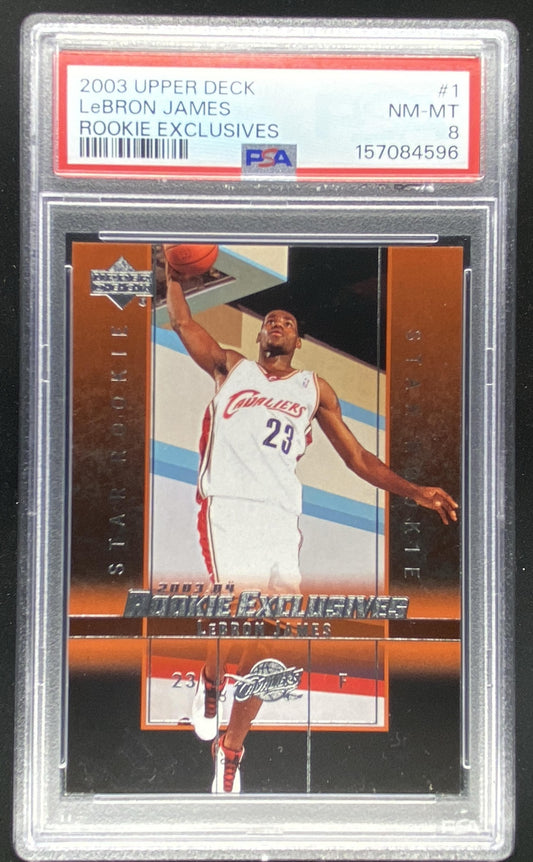2003 Upper Deck Rookie Exclusives LeBron James #1 graded PSA 8 trading card
