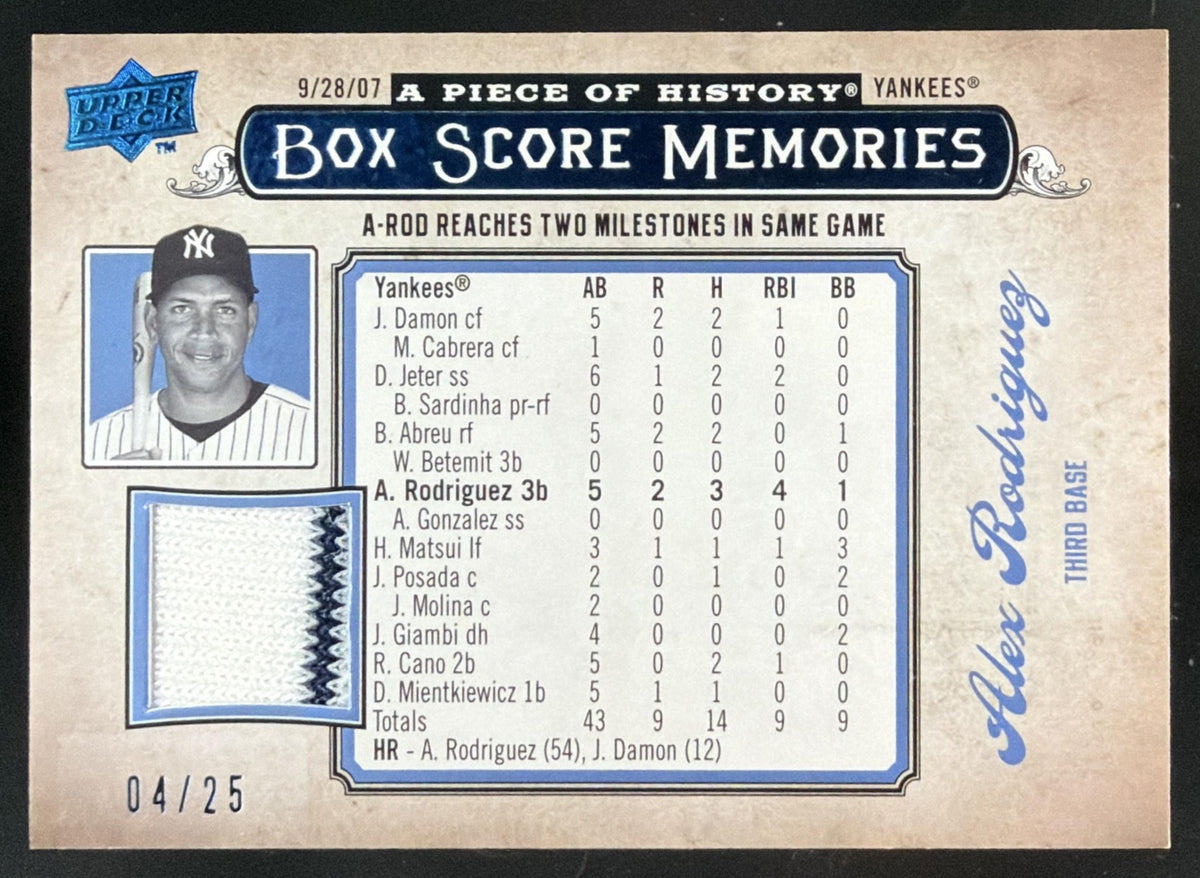 2008 Upper Deck A Piece of History Box Score Memories Alex Rodriguez trading card