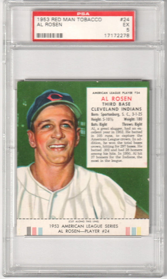 AL ROSEN 1953 Red Man Tobacco #24 PSA 5 EX - INDIANS - Columbia Hobby - Sports Card Boxes - Toploaders - Card Savers