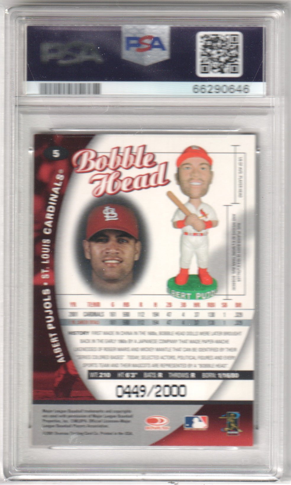 ALBERT PUJOLS 2001 Donruss Class Of '01 Bobble Head Card RC Rookie #5 PSA 9 MINT - Columbia Hobby - Sports Card Boxes - Toploaders - Card Savers