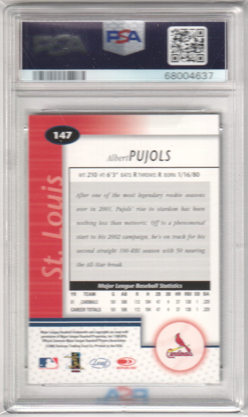 ALBERT PUJOLS 2002 Leaf Certified #147 PSA 8 NM - CARDINALS - Columbia Hobby - Sports Card Boxes - Toploaders - Card Savers