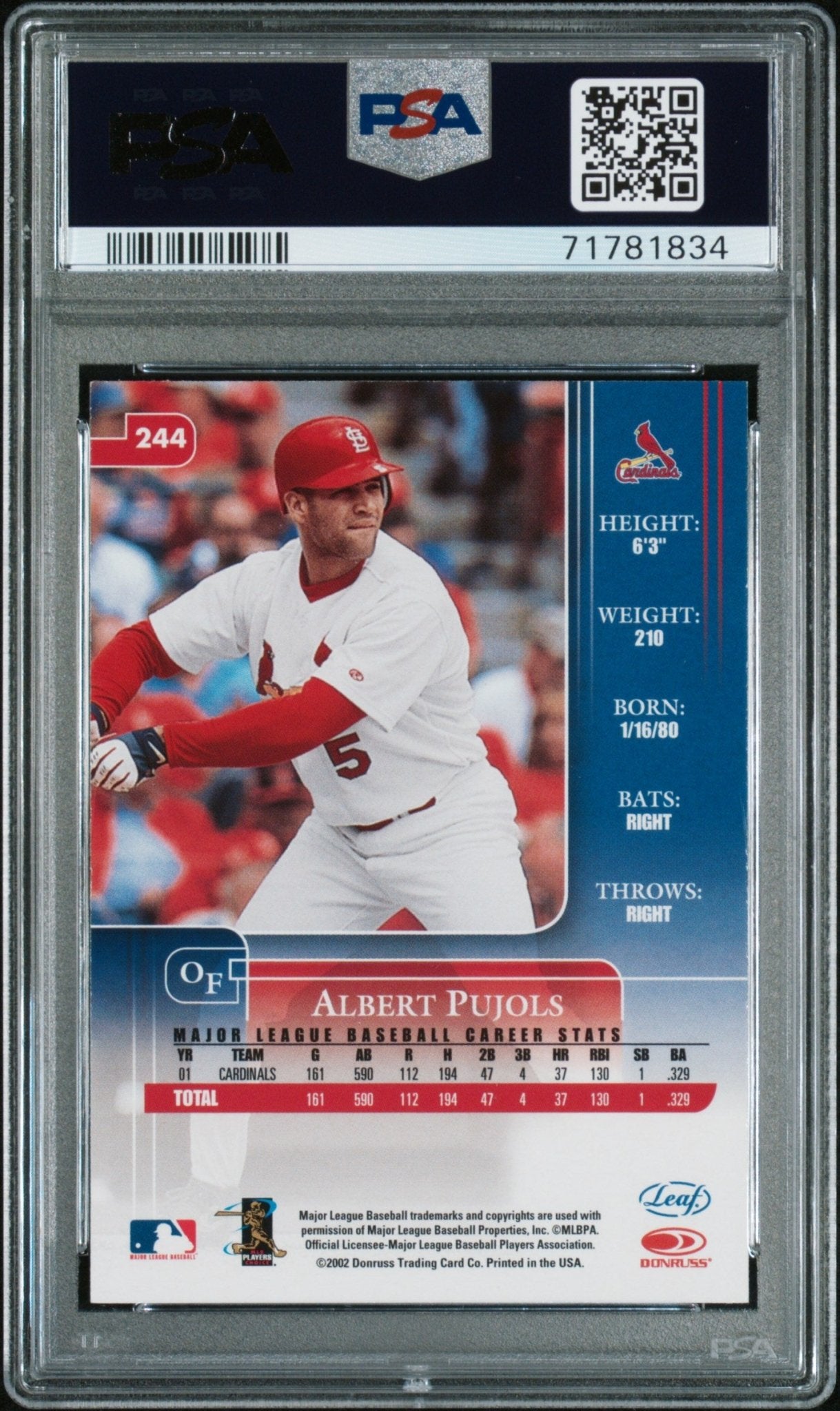 ALBERT PUJOLS 2002 Leaf Rookies & Stars #244 PSA 9 MINT - CARDINALS Pop 8 - Columbia Hobby - Sports Card Boxes - Toploaders - Card Savers