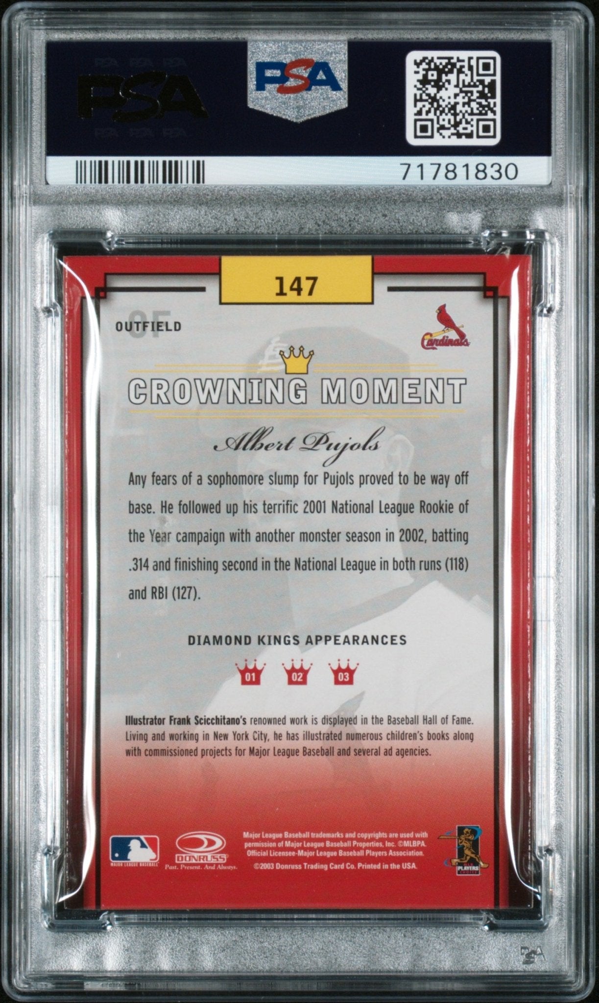 ALBERT PUJOLS 2003 Donruss Diamond Kings #147 Framed Portrait Bronze PSA 10 GEM - Columbia Hobby - Sports Card Boxes - Toploaders - Card Savers