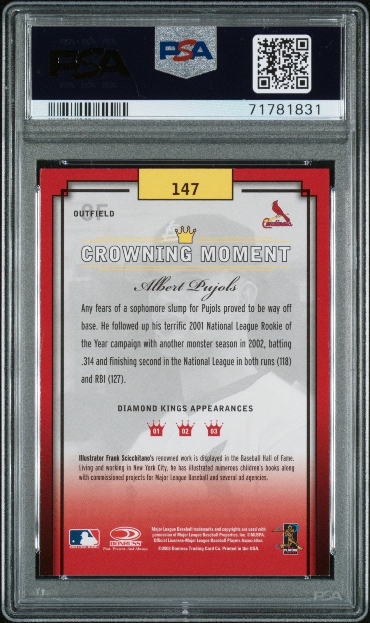 ALBERT PUJOLS 2003 Donruss Diamond Kings #147 PSA 9 MINT - CARDINALS - Columbia Hobby - Sports Card Boxes - Toploaders - Card Savers