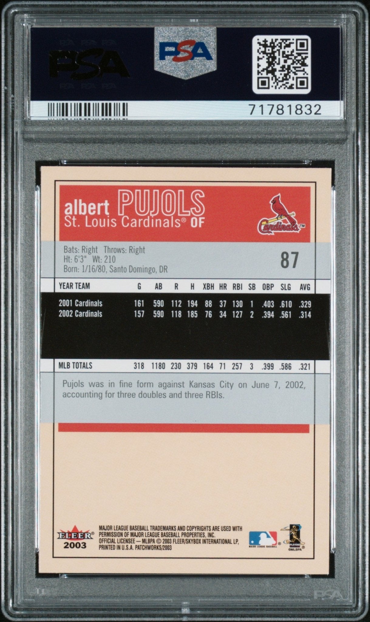 ALBERT PUJOLS 2003 Fleer Patchworks #87 PSA 9 MINT - CARDINALS Pop 7 - Columbia Hobby - Sports Card Boxes - Toploaders - Card Savers