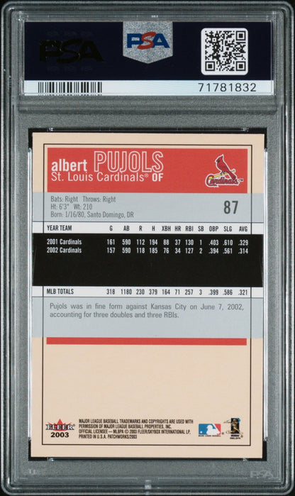 ALBERT PUJOLS 2003 Fleer Patchworks #87 PSA 9 MINT - CARDINALS Pop 7 - Columbia Hobby - Sports Card Boxes - Toploaders - Card Savers