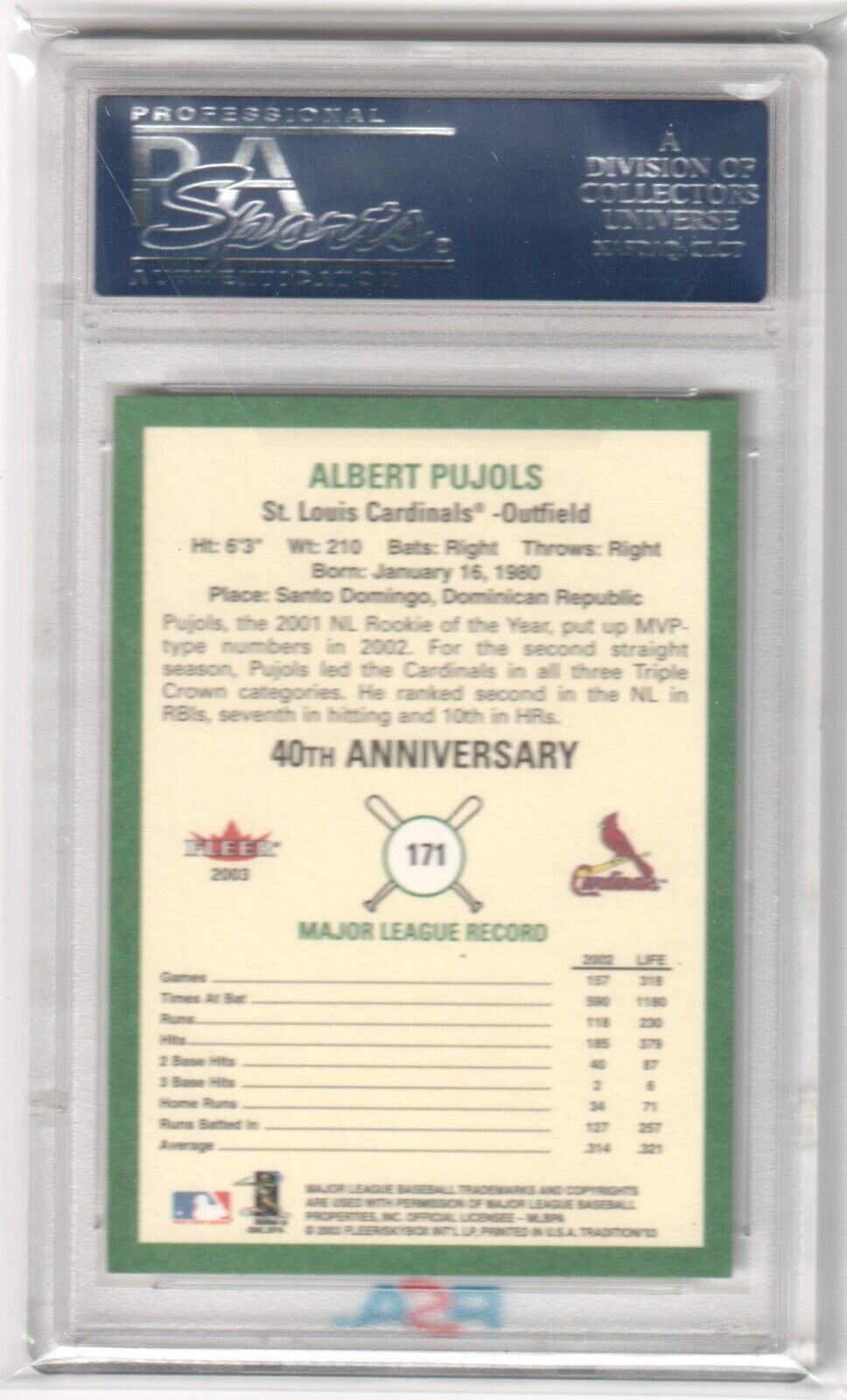 ALBERT PUJOLS 2003 Fleer Tradition #171 PSA 10 GEM MINT - CARDINALS - Columbia Hobby - Sports Card Boxes - Toploaders - Card Savers