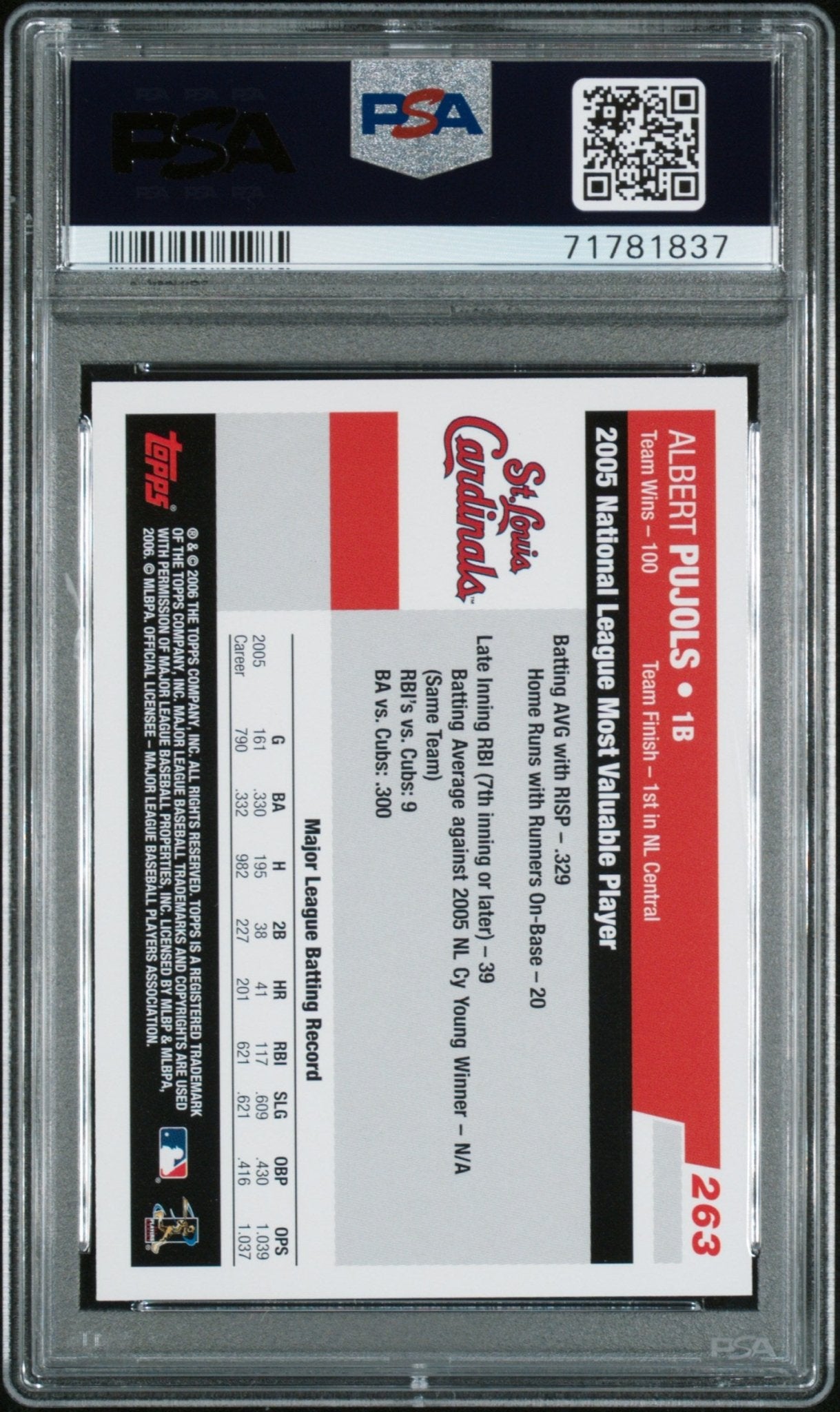 ALBERT PUJOLS 2006 Topps #263 PSA 10 GEM MINT - CARDINALS - Columbia Hobby - Sports Card Boxes - Toploaders - Card Savers