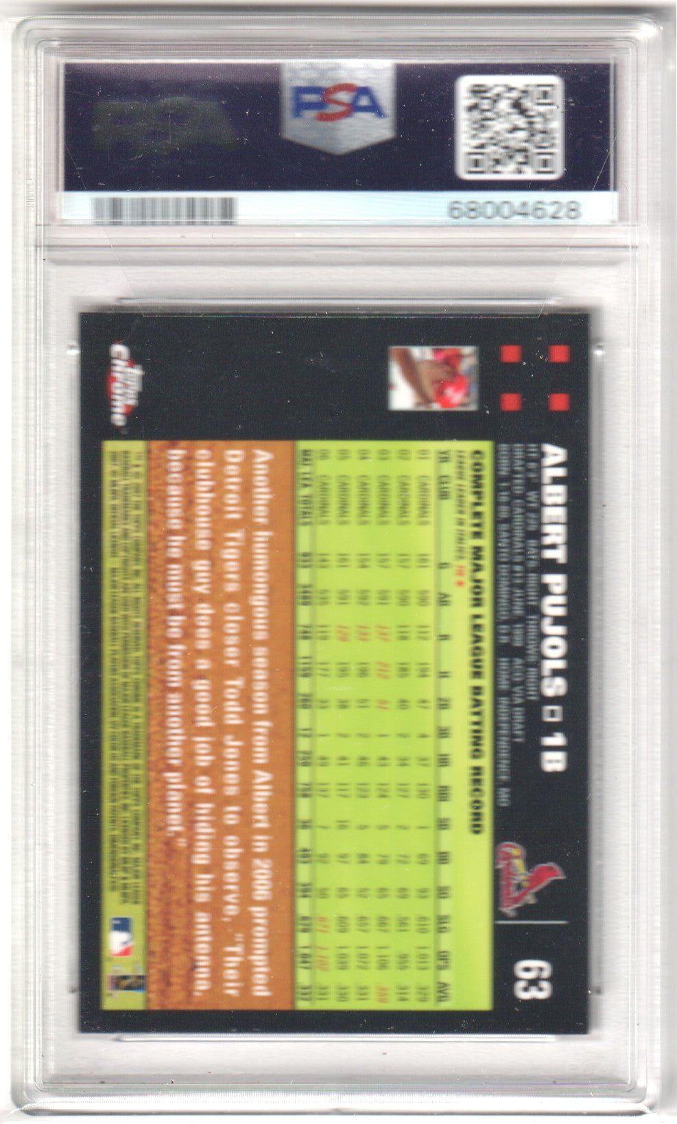 ALBERT PUJOLS 2007 Topps Chrome #63 PSA 9 MINT - CARDINALS - Columbia Hobby - Sports Card Boxes - Toploaders - Card Savers