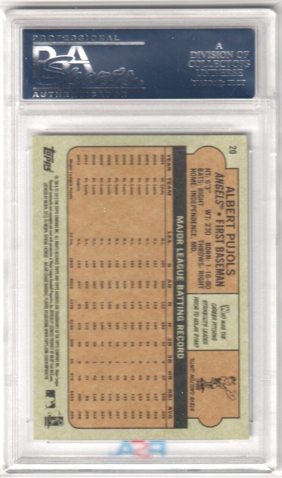 ALBERT PUJOLS 2013 Topps Archives #20 PSA 10 GEM MINT - Columbia Hobby - Sports Card Boxes - Toploaders - Card Savers