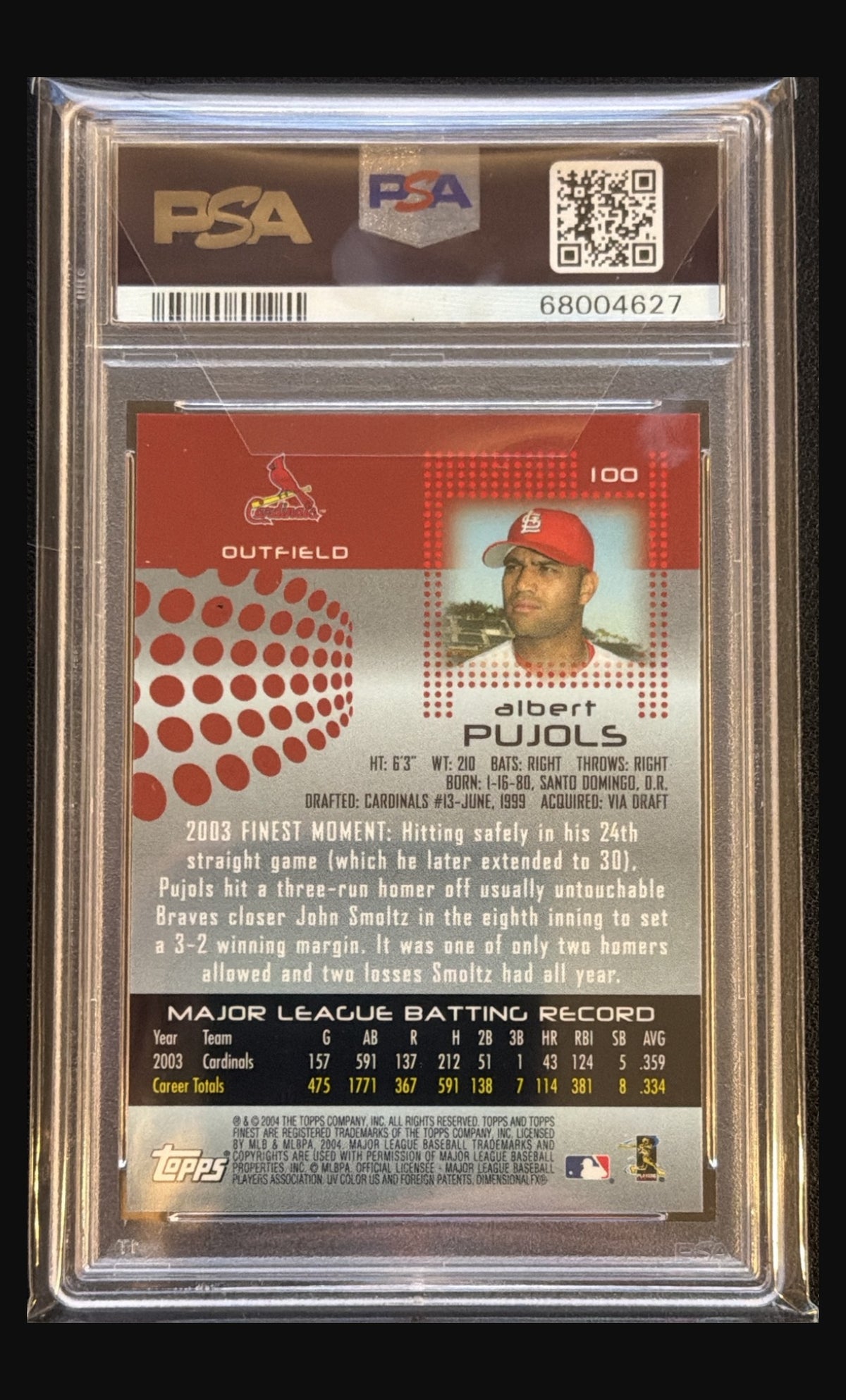 2004 Topps Finest Albert Pujols #100 graded PSA 10 trading card - back