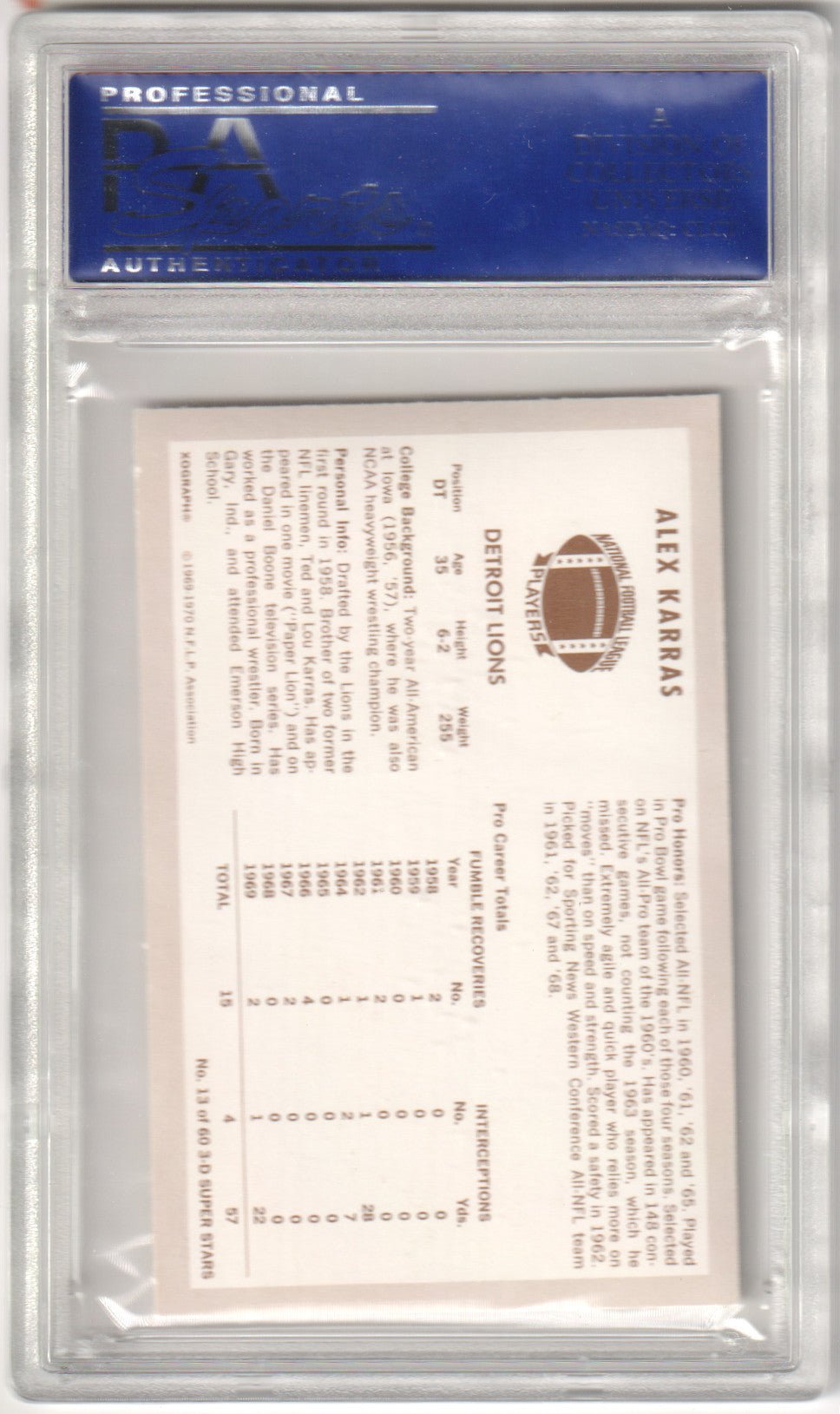 ALEX KARRAS 1970 Kellogg's 13 PSA 9 MINT - LIONS - Columbia Hobby - Sports Card Boxes - Toploaders - Card Savers