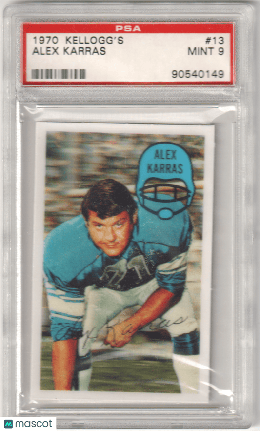 ALEX KARRAS 1970 Kellogg's 13 PSA 9 MINT - LIONS - Columbia Hobby - Sports Card Boxes - Toploaders - Card Savers