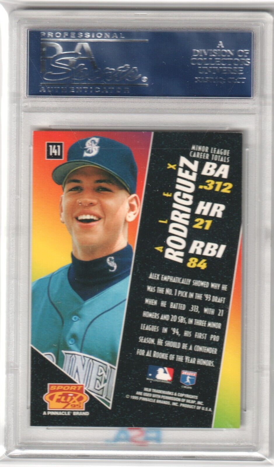 ALEX RODRIGUEZ 1995 Pinnacle Sportflix RC Rookie #141 PSA 10 GEM MINT MARINERS - Columbia Hobby - Sports Card Boxes - Toploaders - Card Savers