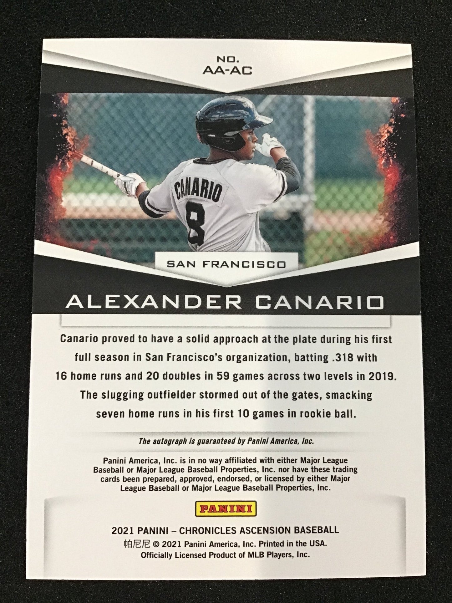 Alexander Canario 2021 Panini Chronicles Ascension Auto AA - AC Giants - Columbia Hobby - Sports Card Boxes - Toploaders - Card Savers
