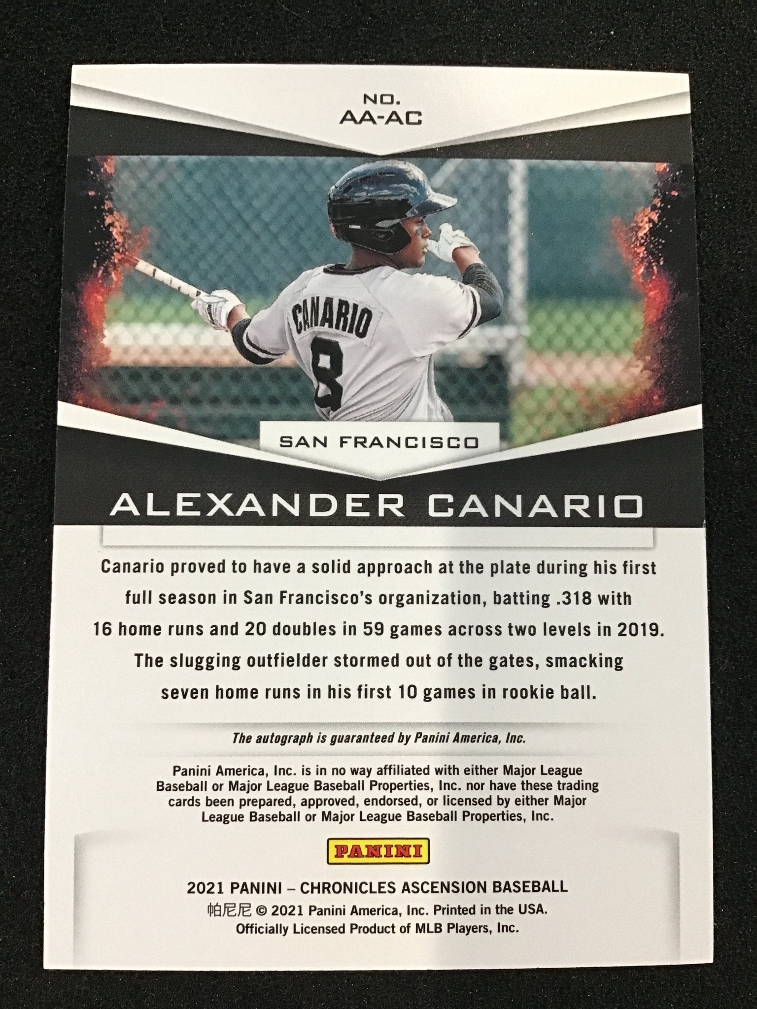 Alexander Canario 2021 Panini Chronicles Ascension Auto AA - AC Giants - Columbia Hobby - Sports Card Boxes - Toploaders - Card Savers