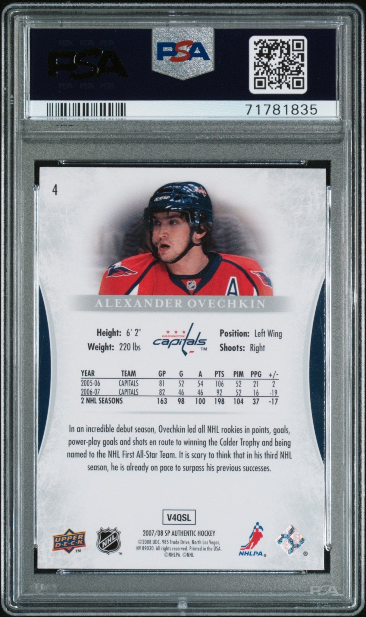 Alexander Ovechkin 2007 SP Authentic #4 PSA 9 MINT Pop 15 - Columbia Hobby - Sports Card Boxes - Toploaders - Card Savers