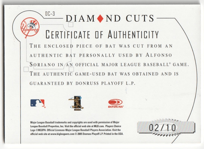 ALFONSO SORIANO 2005 Donruss Diamond Kings Autograph Auto Bat SSP #/10 - YANKEES - Columbia Hobby - Sports Card Boxes - Toploaders - Card Savers