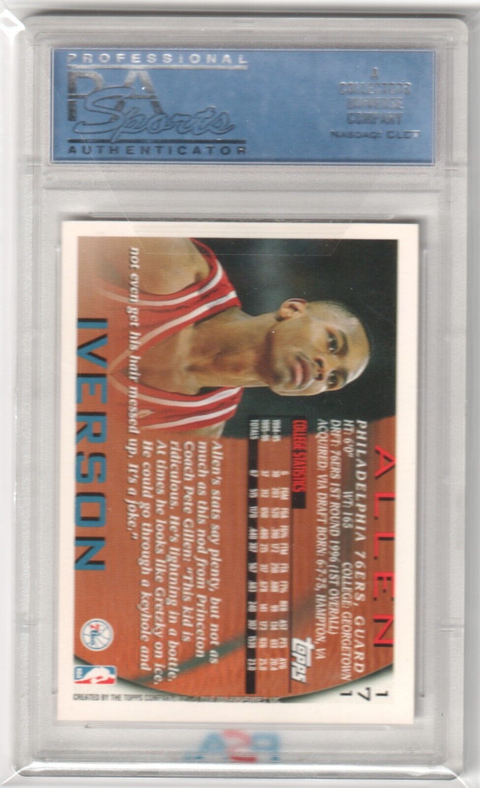 ALLEN IVERSON 1996 - 97 Topps RC Rookie #171 PSA 9 MINT - 76ERS - Columbia Hobby - Sports Card Boxes - Toploaders - Card Savers
