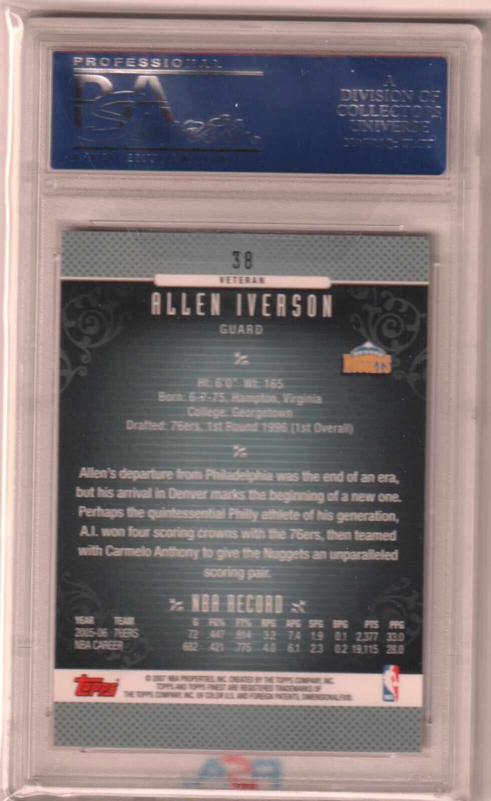 ALLEN IVERSON 2006 - 07 Topps Finest #38 PSA 10 GEM MINT - NUGGETS - Columbia Hobby - Sports Card Boxes - Toploaders - Card Savers