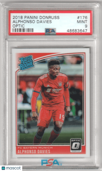 ALPHONSO DAVIES 2018 Panini Donruss 176 Optic PSA 9 MINT - BAYERN MUNICH - Columbia Hobby - Sports Card Boxes - Toploaders - Card Savers