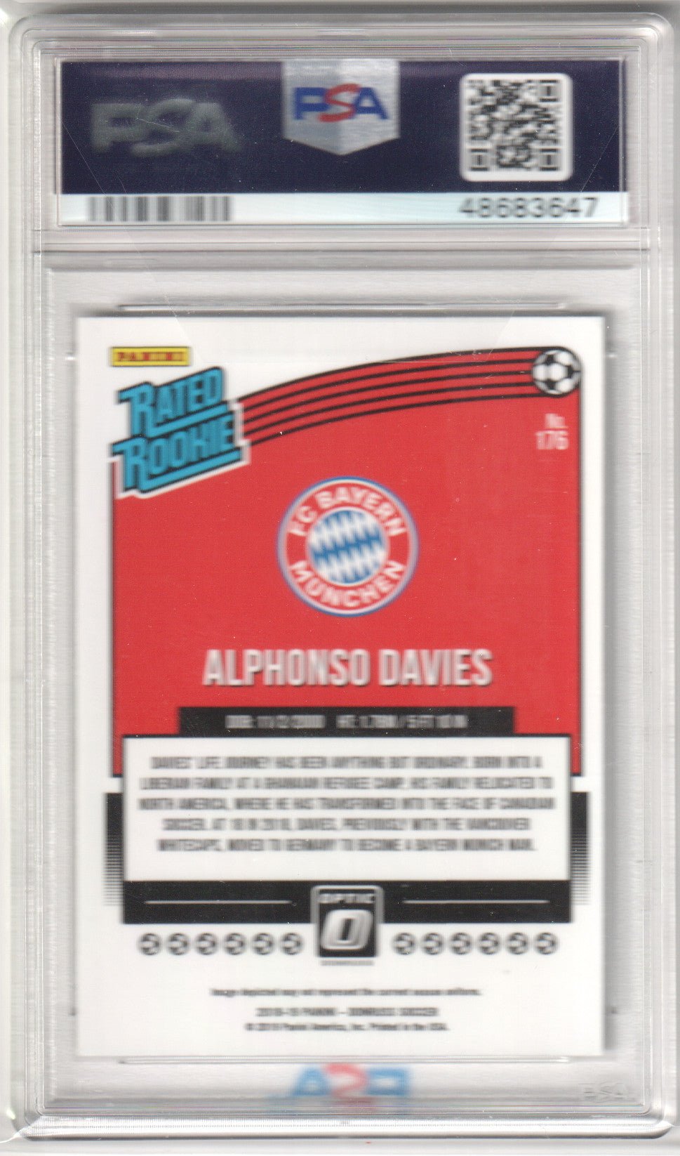 ALPHONSO DAVIES 2018 Panini Donruss 176 Optic PSA 9 MINT - BAYERN MUNICH - Columbia Hobby - Sports Card Boxes - Toploaders - Card Savers