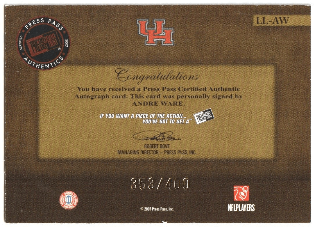 ANDRE WARE 2007 Press Pass Legends Legacy Gold Autograph Auto #/400 - Columbia Hobby - Sports Card Boxes - Toploaders - Card Savers