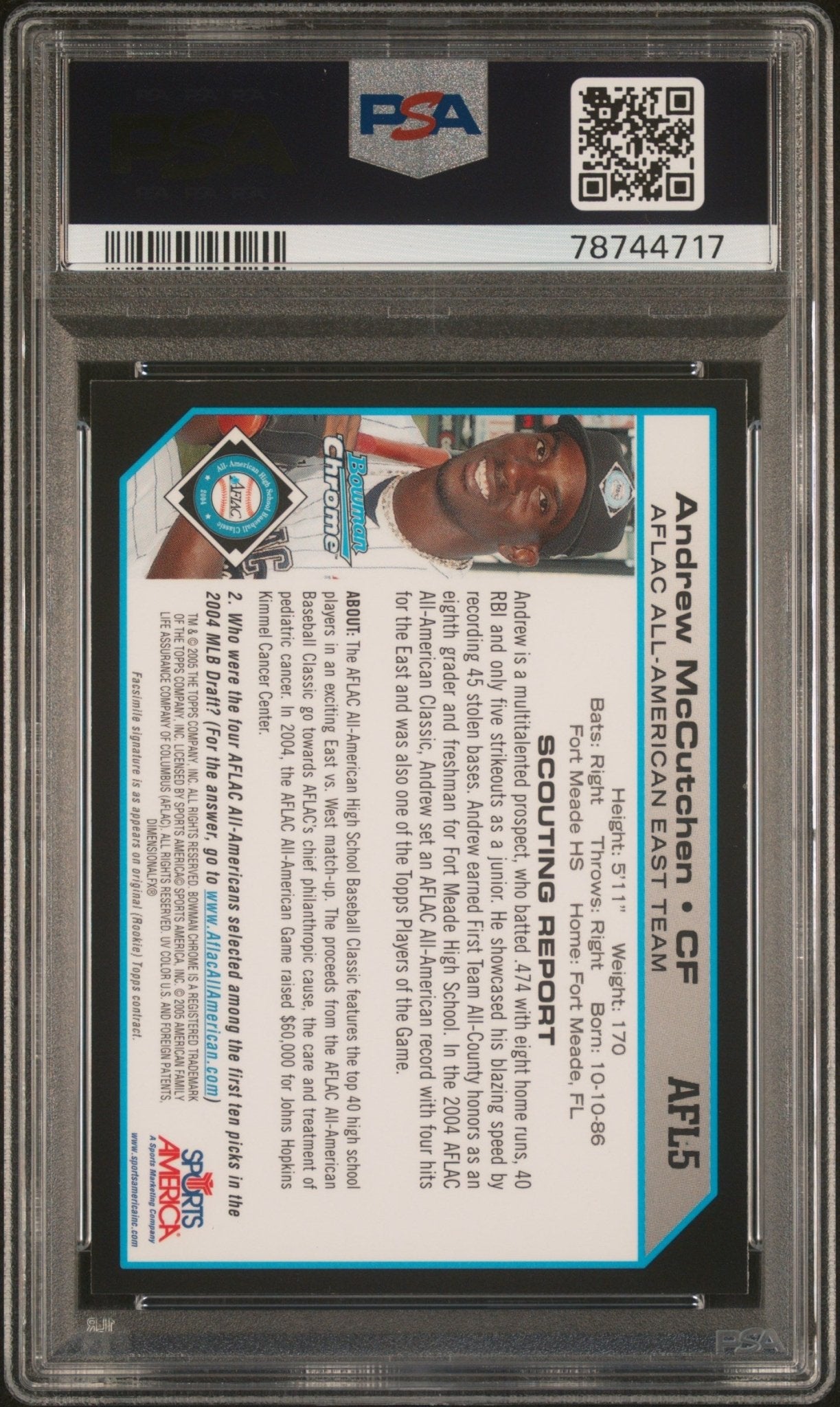 ANDREW McCUTCHEN 2004 Bowman Chrome Aflac Redemption Card #AFL5 PSA 9 MINT - Columbia Hobby - Sports Card Boxes - Toploaders - Card Savers