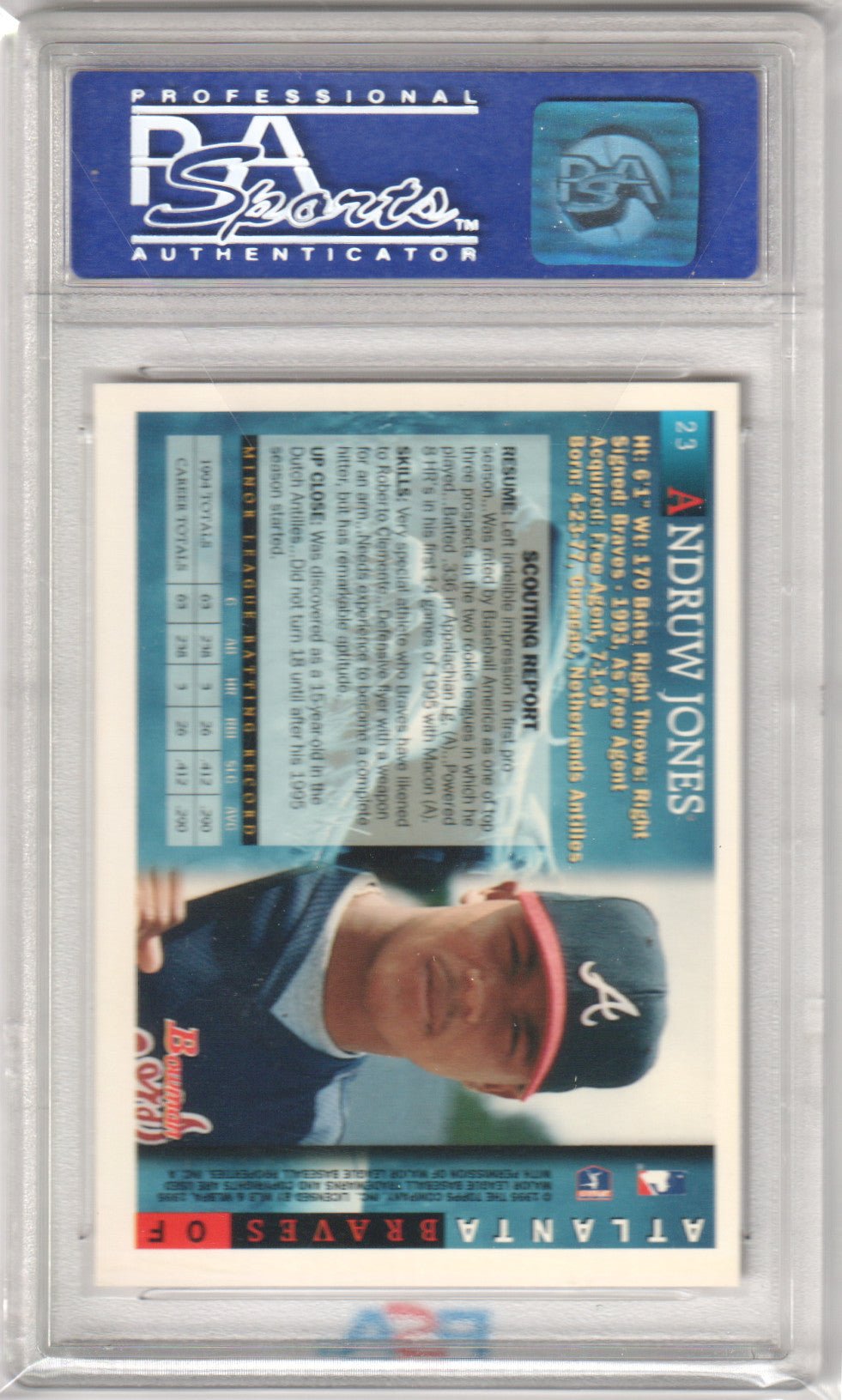 ANDRUW JONES 1995 Bowman RC Rookie 23 PSA 10 GEM MINT - BRAVES - Columbia Hobby - Sports Card Boxes - Toploaders - Card Savers