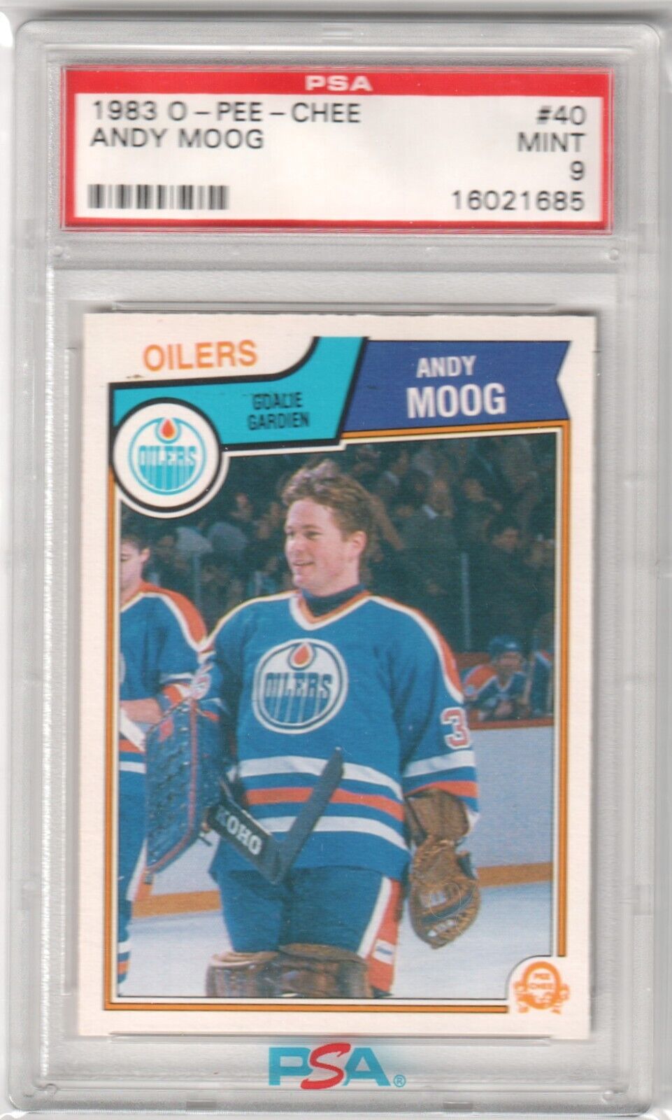 ANDY MOOG 1983 - 84 O - PEE - CHEE #40 PSA 9 MINT - OILERS - Columbia Hobby - Sports Card Boxes - Toploaders - Card Savers